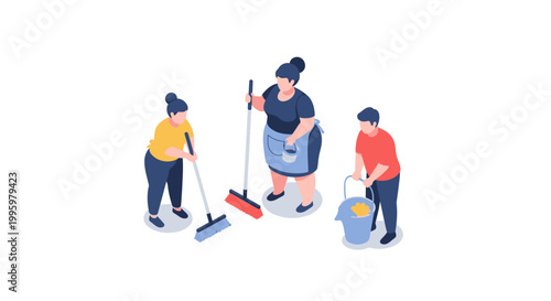 Three People Cleaning Together with Mops and Buckets, Isometric View.