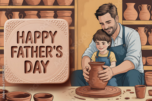 A man and a boy making pottery together on Father's Day on transparent background