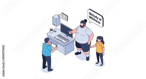 Three people collaborate around a computer in an isometric illustration.