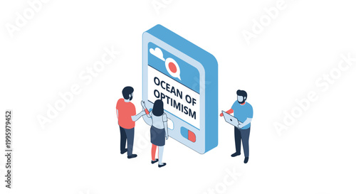 Three people collaborate around a digital screen with optimistic message.