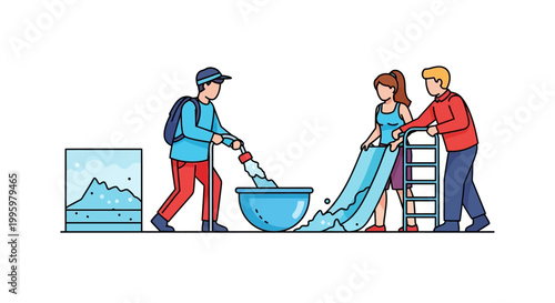 Three People Cleaning a Large Blue Cloth Together.