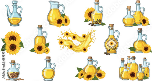 Sunflower oil bottles collection with splashes, seeds and flowers isolated elegant cooking oil glass containers vector illustration set