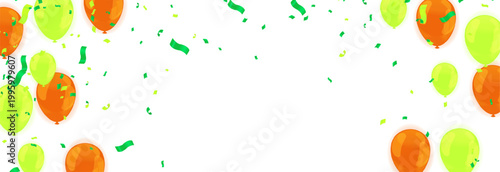 Festive celebration background featuring a vibrant arrangement of glossy orange and lime green balloons floating and extensive central copy space, perfect for birthday party banners
