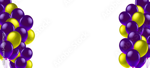 Dense vertical arrangement of glossy deep purple and metallic yellow gold balloons on both the left and right sides