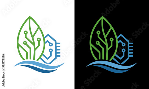 A futuristic leafy circuit board merges with wavy lines on white and black backgrounds.