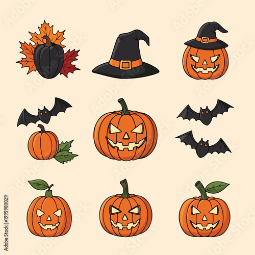 Halloween Pumpkins And Witch Hats.