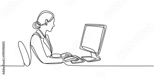 Single one line drawing back view businesswoman works on computer. Woman sitting on chair behind office desk. Business person working on monitor screen. Continuous line draw design vector illustration