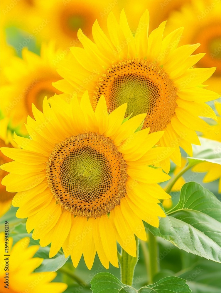 Obraz premium Vibrant sunflowers bloom brightly in warm sunlight. Green leaves surround golden petals with detailed centers. Image captures cheerful summer nature scene. Perfect for design, greeting cards