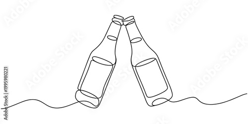 Line art illustration of empty beer bottles standing upright and tilted, minimalist continuous one line drawing of alcoholic drink containers.