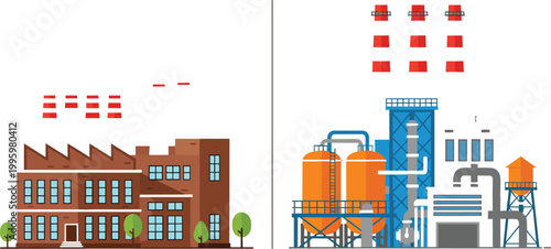 Industrial factory buildings comparison with old brick manufacturing plant and modern refinery complex showing pollution, industry evolution, and environmental impact concept illustration