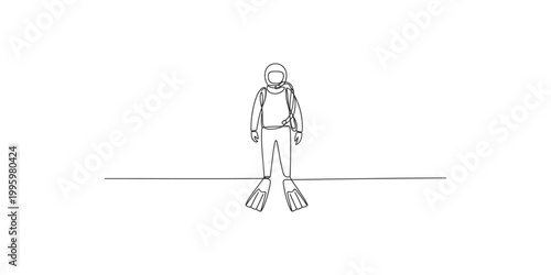 A scuba diver wearing flippers and a diving suit standing on the ocean floor with a backpack