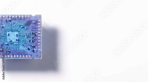 close-up of microchip circuit board with blue electronic components and soldering