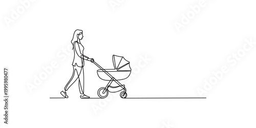 Continuous line drawing of a woman pushing a baby stroller on a white background