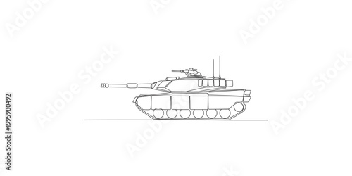 A line drawing of a military tank with a long gun and treads on a plain white surface