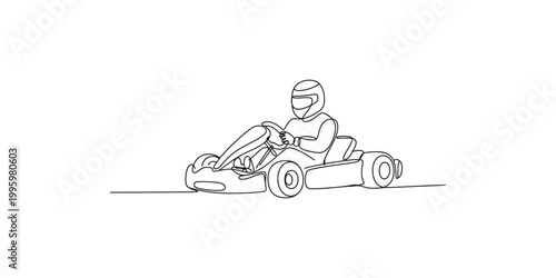 A person wearing a helmet rides a gokart on a white background in a minimalist line drawing