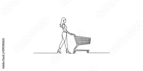 Continuous line drawing of a woman pushing a shopping cart on white background