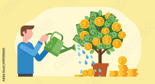 Man watering a tree with money growing on it with a watering can, Generative AI.