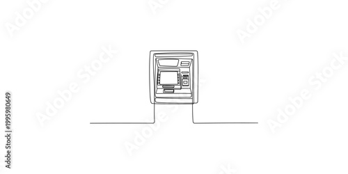 A line drawing of a bank atm machine on a white background for finance and banking concepts