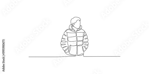 Continuous line drawing of a person wearing a puffer jacket sitting on the ground in a minimalist style