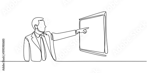 Continuous single line sketch drawing of standing businessman doing presentation pointing on board screen projector with stick explain something. One line art vector illustration