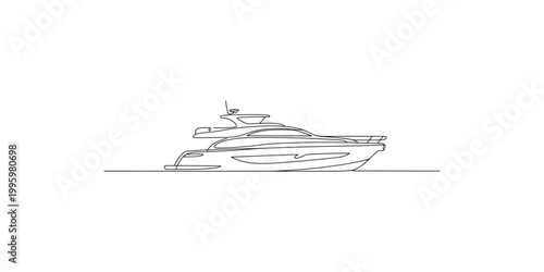 Continuous line drawing of a luxury yacht on calm water in a simple minimalist style isolated on white background
