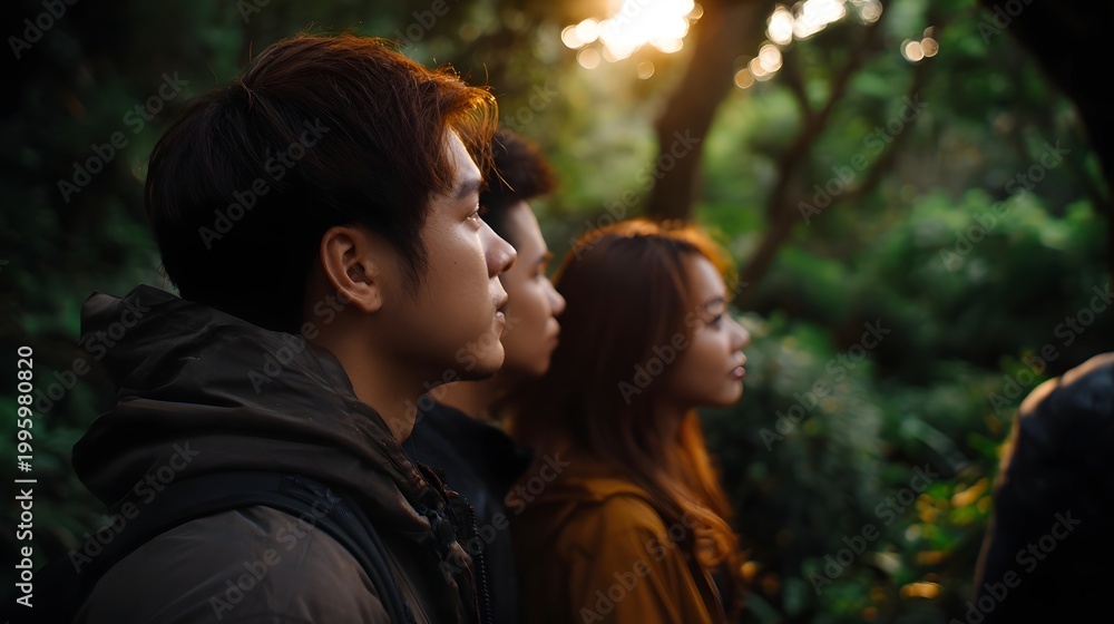 Fototapeta premium A group of young people sharing a moment of quiet contemplation amidst the vibrant foliage of a sunny forest