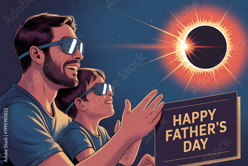 A man and a boy wearing solar viewing glasses and holding a Happy Father's Day sign while watching a solar eclipse on transparent background