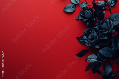 Black roses creating elegant dark contrast on red background