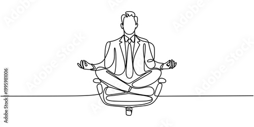 Bussinesman in meditative pose an office chair single line vector on transparent background, one line vector for HR, social impact, branding, or emotional design concepts.