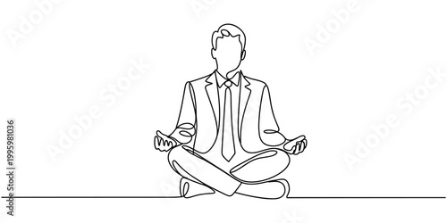 Bussinesman in meditative pose an office chair single line vector on transparent background, one line vector for HR, social impact, branding, or emotional design concepts.