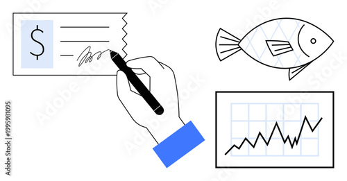 Business transactions, economics, market analysis, fishing industry trade, financial growth, investment decisions. A hand signs a document beside a chart and a fish. Business transactions
