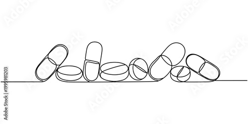 Continuous one line drawing of tablets and capsules pharmaceutical drugs, medical supplies, Single line drawing medicine pill icon. one line Icon drawing with white background