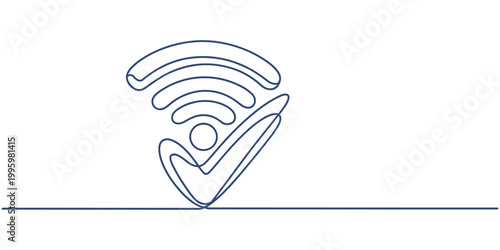 WI-FI wireless connection signal and check mark continuous one line drawing,  self drawing of continuous line draw WI-FI wireless connection signal and shared internet network. 