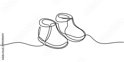 One continuous single line of baby shoes isolated on white background. Children s slippers, shoes, booties one line art. Continuous line drawing of clothes, dress, children s, wardrobe, dress up, neat
