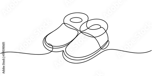 One continuous single line of baby shoes isolated on white background. Children s slippers, shoes, booties one line art. Continuous line drawing of clothes, dress, children s, wardrobe, dress up, neat