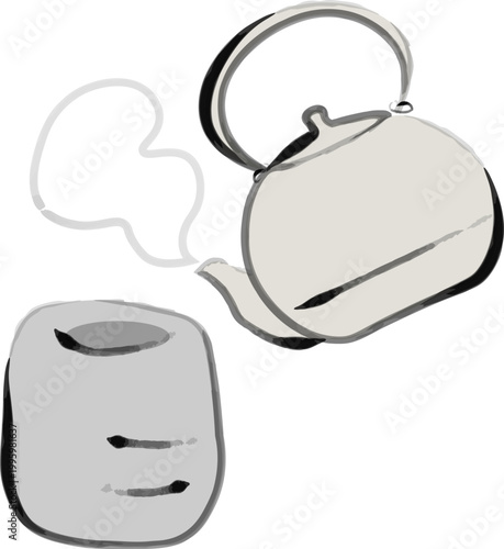 筆で描いたシンプルな和風湯呑みのお茶と急須のイラスト