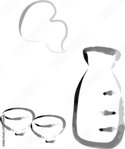 筆で描いた日本酒の徳利とお猪口