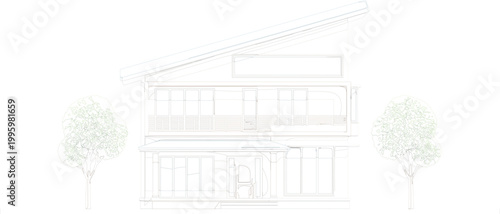 Modern House Architectural Elevation Vector Illustration with Trees and Facade Details for Real Estate and Construction Design Projects