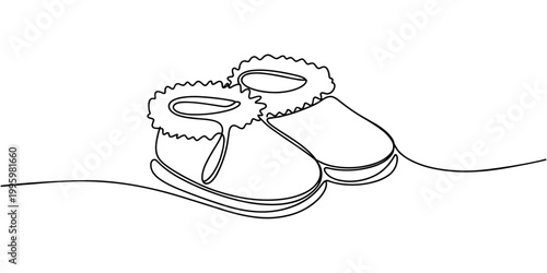 One continuous single line of baby shoes isolated on white background. Children s slippers, shoes, booties one line art. Continuous line drawing of clothes, dress, children s, wardrobe, dress up, neat