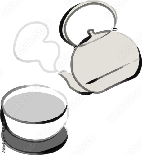 筆で描いたシンプルな和風湯呑みのお茶と急須のイラスト