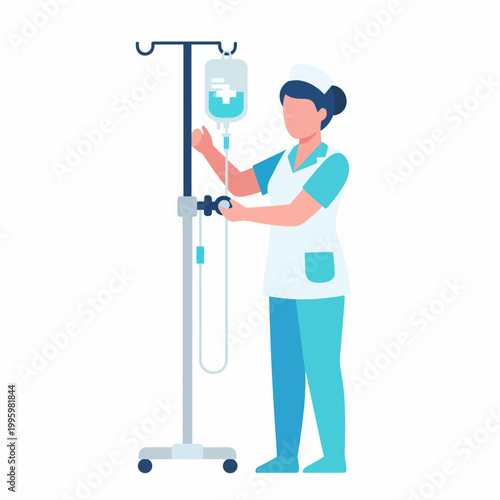 Nurse Adjusting Intravenous IV Drip Therapy Vector Illustration