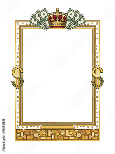 Opulent golden wealth frame crowned by regal jewels fan shaped banknotes and towering dollar emblems radiates luxury excess financial glamour and aristocratic fortune in lavish detail