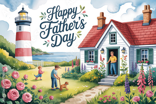 A happy family celebrating Father's Day in a beautiful coastal house on transparent background