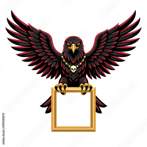 Menacing black raven spreading crimson edged wings above a golden frame while a skull talisman and piercing stare amplify gothic power occult symbolism and dramatic fantasy intensity