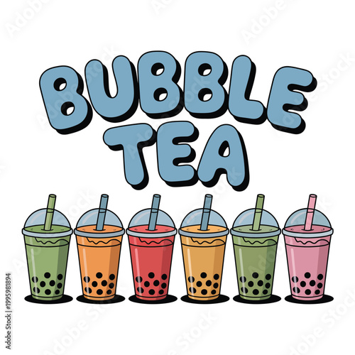 Colorful bubble tea drinks with straws and boba on a white background