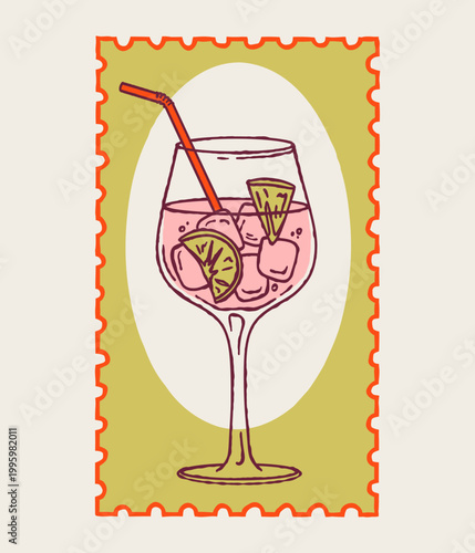 Hand-drawn cocktail stamp illustration. Bar drink with citrus and ice. Alcohol, nightlife, and menu design elements for bars, restaurants, and cafes.