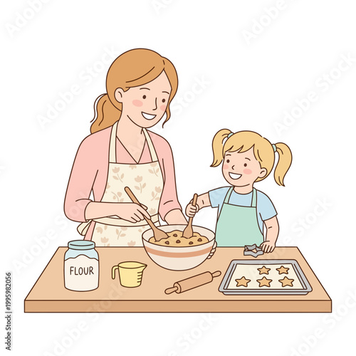 Mother and daughter bake star-shaped cookies together in a warm kitchen environment while preparing dough on a wooden countertop.