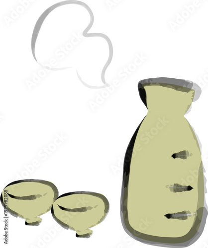 筆で描いた日本酒の徳利とお猪口