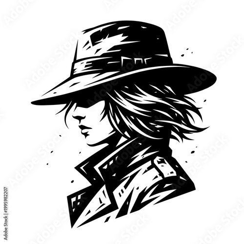 Monochrome noir portrait of a mysterious figure in fedora and trench coat expressing shadowy intrigue urban attitude and vintage detective mood through bold inked fashion styling