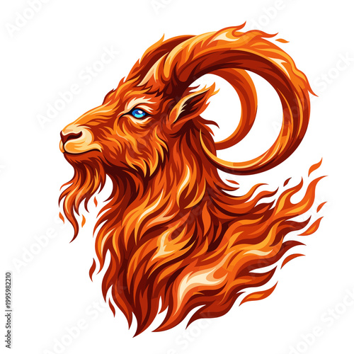 Flaming ram portrait forged from blazing orange fur and spiraling horns channeling zodiac power wild intensity and mythic fire through a fierce fantasy animal emblem full of heat and motion